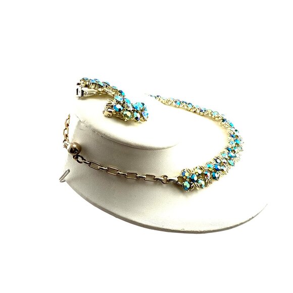 Vintage Aurora Borealis Rhinestone Necklace & Earrings Set Gold Tone Floral Clus - Picture 6 of 14
